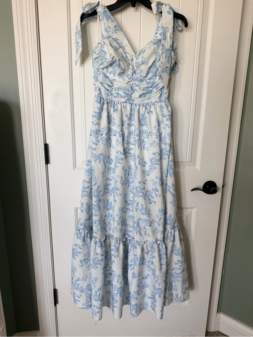 SHEIN White Maxi Dress with Light Blue Floral Print and Tie Shoulders